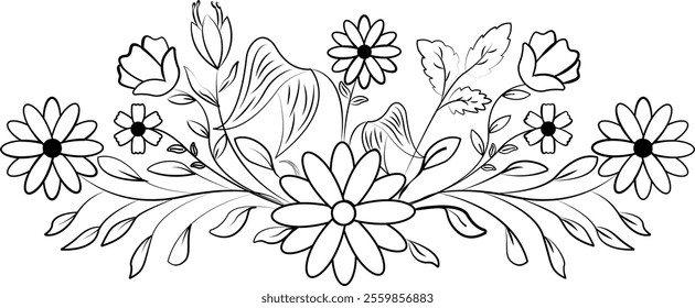 Hand-drawn bouquet of various flowers and leaves creating a beautiful floral arrangement, ideal for decoration, wedding, invitation or design elements. Illustration, Vector