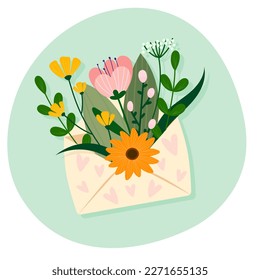 A hand-drawn bouquet of wild flowers in a paper envelope with hearts. Cute vector illustration in flat cartoon style