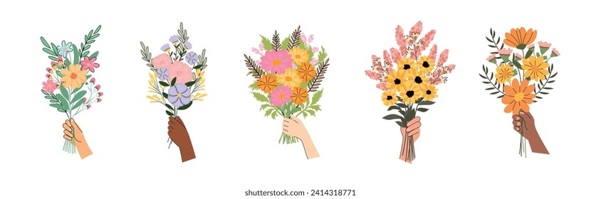 Buquetos de flores silvestres dibujados a mano en tonos pastel. Ilustración vectorial en estilo plano con trazo editable. Hermosas flores como regalo para el día de la mujer o de la madre.