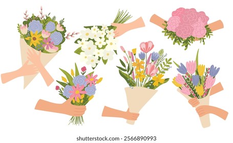 Hand-drawn bouquets of wildflowers in pastel colors. Spring holiday botanical present. Floral compositions. Vector illustration in flat style.