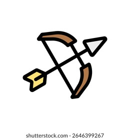 Arco desenhado à mão com seta em estilo de contorno colorido, com destaques de madeira e metal. Perfeito para o jogo de fantasia medieval, equipamento de combate, ferramentas de guerreiro, e classes ranger.