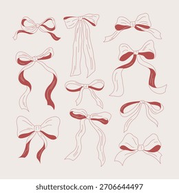 Handgezeichnete Bogenkollektion mit eleganten Bandformen. Minimales Deko-Set für Verpackungen, Karten, Textilien und festliche Designs.