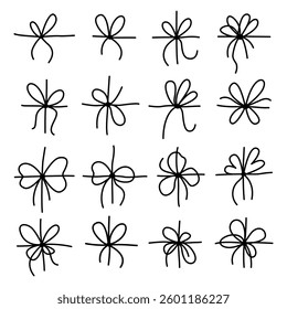 Hand-drawn bow set with elegant and decorative ribbon knots in various styles, black line art