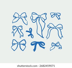 Hand-drawn bow set. Line art, ink, minimalist style. Vector illustration. Winter holidays collection.