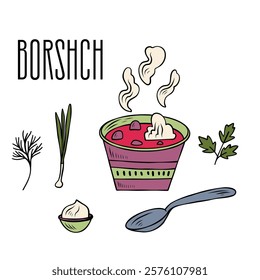 Hand-drawn bowl of borscht with sour cream, onion, parsley, dill and a spoon. Traditional Ukrainian dishes. Good for cookbook or menu, packaging, stickers, advertising. Ukrainian food. 