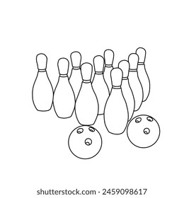Hand-drawn bowling balls and pins line, vector illustration isolated on a white background