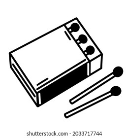 Hand-drawn box of matches. The open carton contains inside a thin wooden matches with sulfur. A sketch of a camping object for lighting a fire. Simple monochrome doodle.