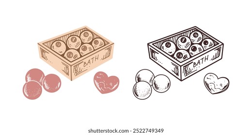 Caja dibujada a mano con bombas de baño redondas, bomba de baño en forma de corazón. elemento cosmético de belleza, cuidado personal. Ilustración para salón de belleza, tienda de cosméticos, diseño de maquillaje. Estilo plano.