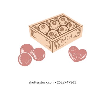 Hand-drawn box with round bathroom bombs, heart shaped bath bomb. beauty cosmetic element, self care. Illustration for beauty salon, cosmetic store, makeup design. Flat style  style.
