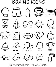 Ícone de boxe desenhado à mão com luvas, anel, saco de perfuração, timer, shorts, lutadores, medalhas e troféus. Ideal para gráficos esportivos, aplicativos e materiais de treinamento.