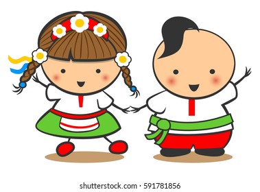 Hand-Drawn Boy and Girl Dance On A White Background, Cartoon Doodle. Ukraine
