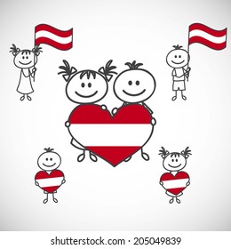 hand-drawn boy and girl holding flag on a white background, cartoon doodle. Austria