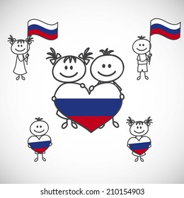 hand-drawn boy and girl holding flag on a white background, cartoon doodle. Russia