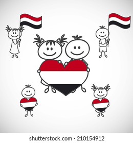 hand-drawn boy and girl holding flag on a white background, cartoon doodle. Yemen