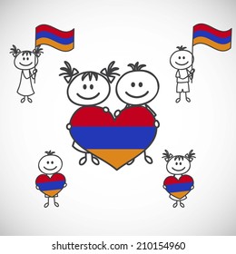 hand-drawn boy and girl holding flag on a white background, cartoon doodle. Armenia