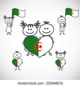 hand-drawn boy and girl holding flag on a white background, cartoon doodle.Algeria