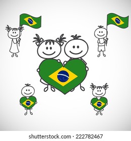 hand-drawn boy and girl holding flag on a white background, cartoon doodle. Brazil