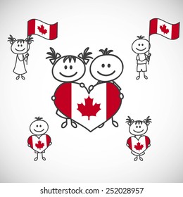 hand-drawn boy and girl holding flag on a white background, cartoon doodle. Canada