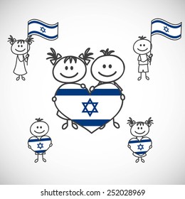 hand-drawn boy and girl holding flag on a white background, cartoon doodle. Israel