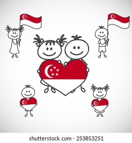 Hand-drawn Boy And Girl Holding Flag On A White Background, Cartoon Doodle.Singapore