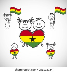 hand-drawn boy and girl holding flag on a white background, cartoon doodle Ghana