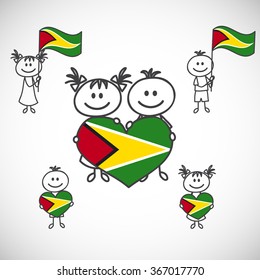 hand-drawn boy and girl holding flag on a white background, cartoon doodle. Guyana.