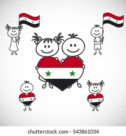 hand-drawn boy and girl holding flag on a white background, cartoon doodle. Syria