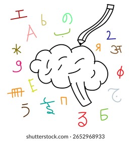 Hand-drawn Brain with pencil and different languages alphabets