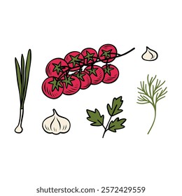 Hand-drawn branch of tomatos, onion, parsley and dill. Vector illustration for cookbook or menu, packaging, stickers, advertising. Vector line drawing