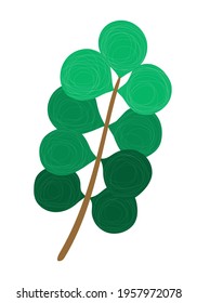 Hand-drawn branch, twig with green rounded leaves, the texture of chaotic thin lines, minimal, simple style. Botanical illustration of foliage plant. Vector design element for decoration, poster, card