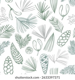 Hand-drawn branches and cones of coniferous trees. Christmas plants.  Vector  seamless pattern.
