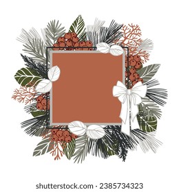 Hand-drawn branches of coniferous trees. Christmas plants.   Vector frame.   Sketch  illustration.  