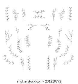 Hand-drawn branches graphic design elements set. Useful for wedding invitations, congratulations and greeting cards.