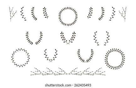 Hand-drawn branches graphic design elements set. Useful for wedding invitations, congratulations and greeting cards.