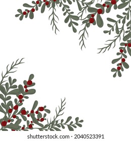 Ramas dibujadas a mano con hojas y bayas. Plantilla cuadrada para tarjeta de saludo, invitación, cartel o afiche. Coloca tu texto. Ilustración del vector