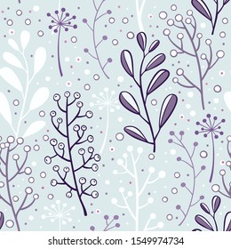 Hand-drawn branches and leaves seamless pattern. Vector graphics.