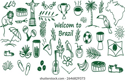 Hand-drawn Brazilian culture doodle vector set with carnival masks, coffee, football, samba drums, parrots, palm trees, fruits, and Rio symbols. Perfect for travel, events, stickers, and branding.