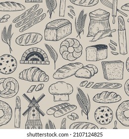 Hand-drawn bread and bakery seamless pattern or background