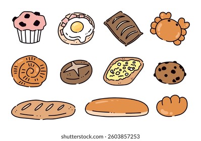 A hand-drawn bread illustration set featuring various types of bakery items.
