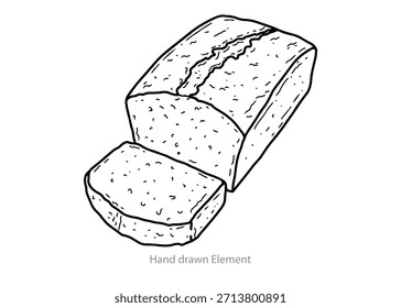 Pão Desenhado à Mão: Uma ilustração simples em preto e branco de um pão fatiado, ideal para projetos de design culinário ou gráfico.