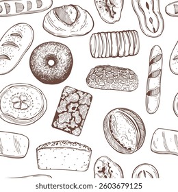 Hand-drawn bread set on white background.  Vector seamless pattern.  