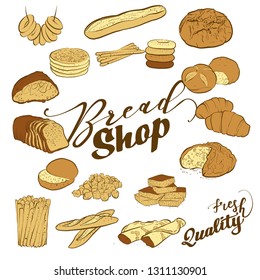 Hand-drawn bread shop typography with set of breads