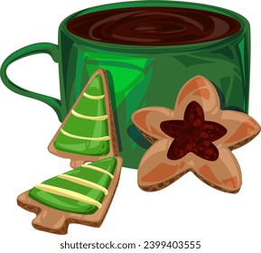hand-drawn breakfast black coffee with Christmas gingerbread cookies clipart