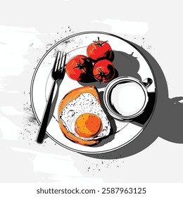 Hand-drawn breakfast with eggs, toast, coffee, and tomato.