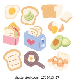 Handgezeichnetes Essentials-Set zum Frühstück. Toaster Sandwich