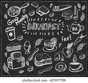 hand-drawn breakfast food collection on chalkboard