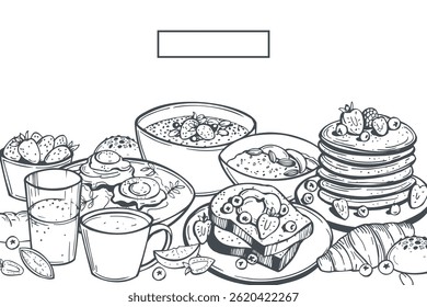 Hand-drawn breakfast food. Vector  background. Sketch illustration