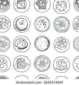 Hand-drawn breakfast food. Vector seamless pattern. 