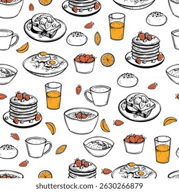 Hand-drawn breakfast food. Vector seamless pattern.  