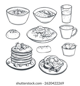 Hand-drawn breakfast food.  Vector sketch 
illustration.